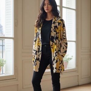 Vintage cream with yellow and black print linen blend oversized statement blazer